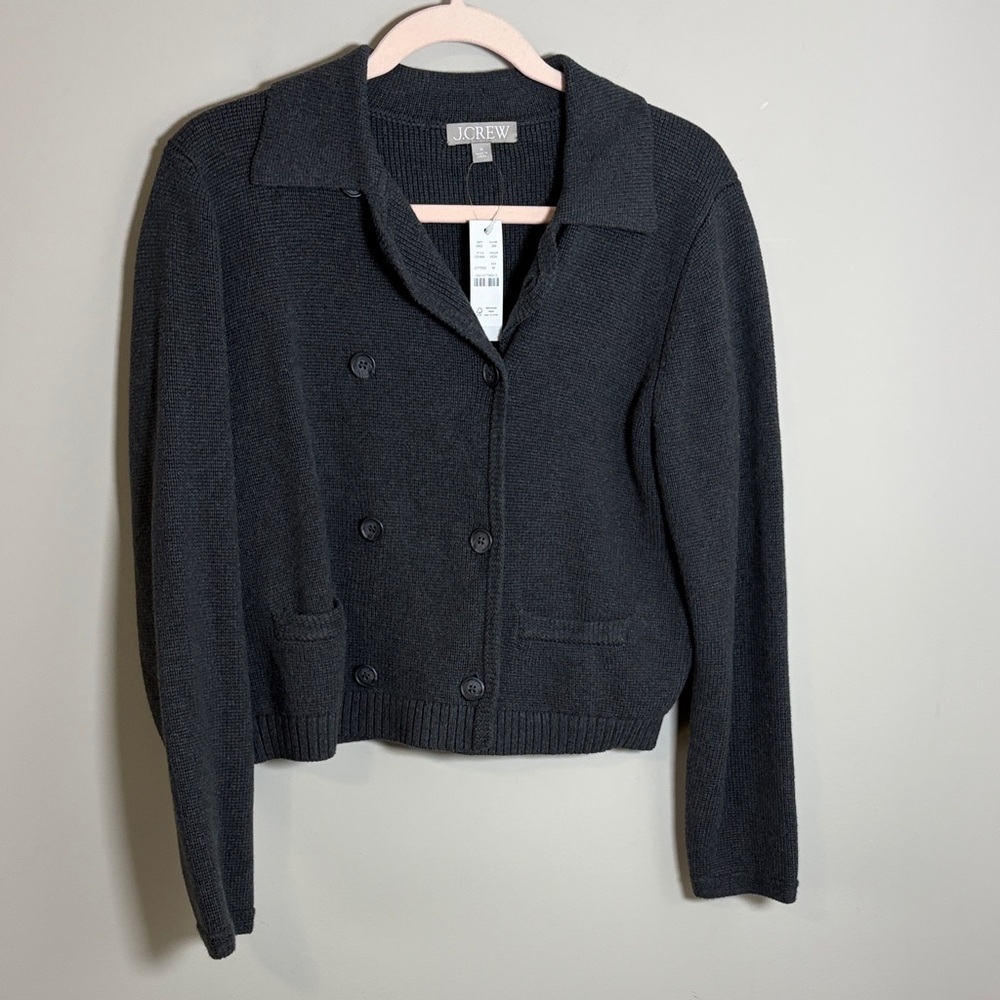J Crew Marielle cropped cardigan grey cotton pockets double breasted Sz M NEW - Picture 2 of 13
